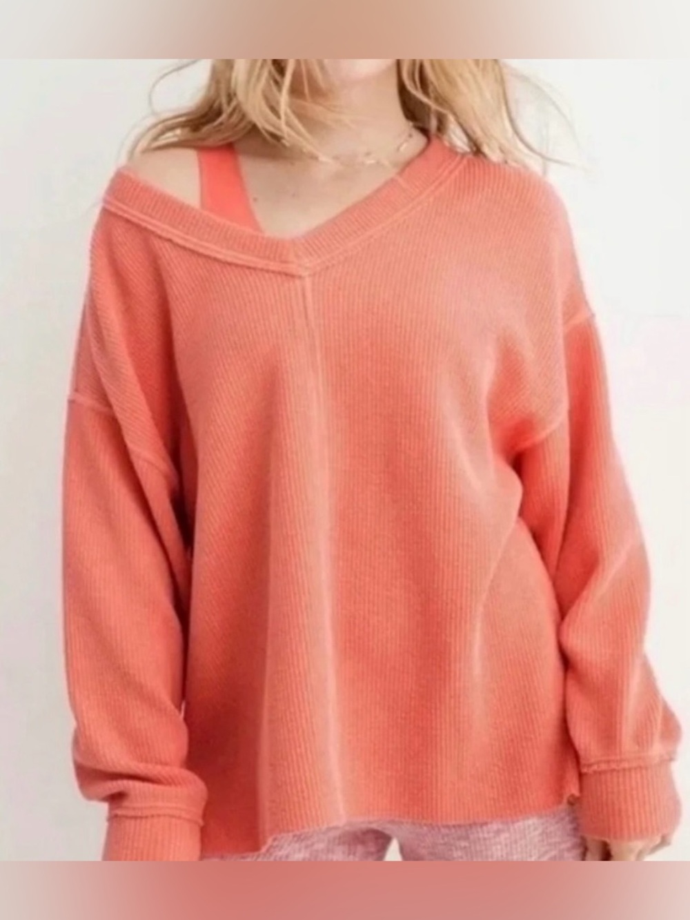 Aerie Coral Oversized Ribbed V-Neck Pullover - Size S